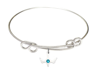 8 1/2 inch Round Double Loop Rhodium Bangle Bracelet with a Sterling Silver Holy Spirit charm.