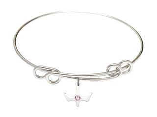 8 1/2 inch Round Double Loop Rhodium Bangle Bracelet with a Sterling Silver Holy Spirit charm.