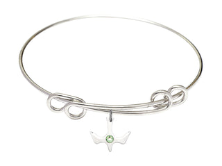 8 1/2 inch Round Double Loop Rhodium Bangle Bracelet with a Sterling Silver Holy Spirit charm.