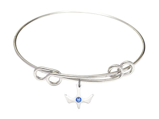 8 1/2 inch Round Double Loop Rhodium Bangle Bracelet with a Sterling Silver Holy Spirit charm.