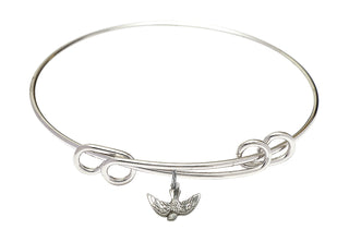 8 1/2 inch Round Double Loop Rhodium Bangle Bracelet with a Sterling Silver Holy Spirit charm.