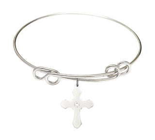8 1/2 inch Round Double Loop Rhodium Bangle Bracelet with a Sterling Silver Cross charm.
