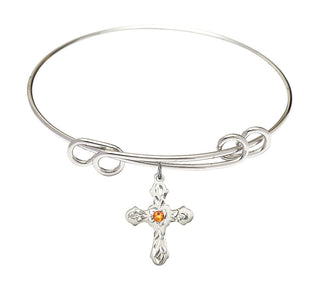 8 1/2 inch Round Double Loop Rhodium Bangle Bracelet with a Sterling Silver Cross charm. Engraved Catholic Saint Jewelry