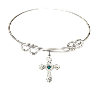 8 1/2 inch Round Double Loop Rhodium Bangle Bracelet with a Sterling Silver Cross charm. Engraved Catholic Saint Jewelry