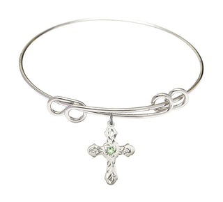 8 1/2 inch Round Double Loop Rhodium Bangle Bracelet with a Sterling Silver Cross charm. Engraved Catholic Saint Jewelry