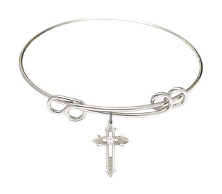 8 1/2 inch Round Double Loop Rhodium Bangle Bracelet with a Sterling Silver Cross on Cross charm. Engraved Catholic Saint Jewelry