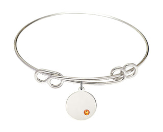 8 1/2 inch Round Double Loop Rhodium Bangle Bracelet with a Sterling Silver Plain Disc charm.