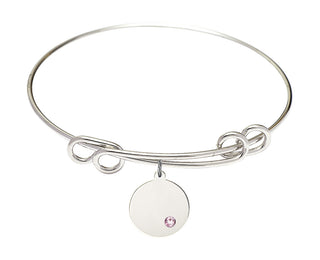 8 1/2 inch Round Double Loop Rhodium Bangle Bracelet with a Sterling Silver Plain Disc charm.