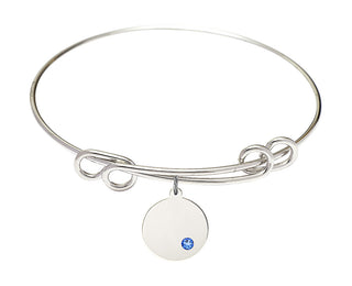 8 1/2 inch Round Double Loop Rhodium Bangle Bracelet with a Sterling Silver Plain Disc charm.