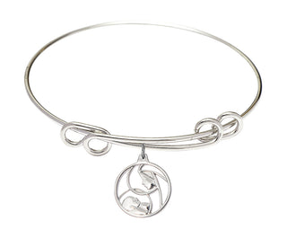 8 1/2 inch Round Double Loop Rhodium Bangle Bracelet with a Sterling Silver Madonna and Child charm.