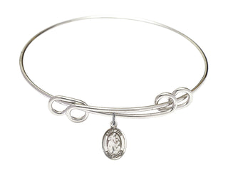 8 1/2 inch Round Double Loop Rhodium Bangle Bracelet with a Sterling Silver Saint Ann charm. Engraved Catholic Saint Jewelry