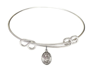 8 1/2 inch Round Double Loop Rhodium Bangle Bracelet with a Sterling Silver Saint Catherine of Siena charm. Engraved Catholic Saint Jewelry