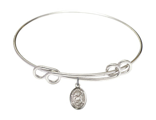 8 1/2 inch Round Double Loop Rhodium Bangle Bracelet with a Sterling Silver Saint Catherine Laboure charm. Engraved Catholic Saint Jewelry