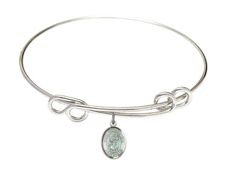 8 1/2 inch Round Double Loop Rhodium Bangle Bracelet with a Sterling Silver Saint Christopher charm. Engraved Catholic Saint Jewelry