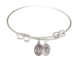 8 1/2 inch Round Double Loop Rhodium Bangle Bracelet with a Sterling Silver Saint Christopher / Army charm.