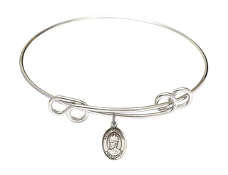 8 1/2 inch Round Double Loop Rhodium Bangle Bracelet with a Sterling Silver Saint Edward the Confessor charm. Engraved Catholic Saint Jewelry