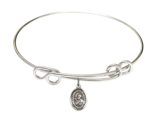 8 1/2 inch Round Double Loop Rhodium Bangle Bracelet with a Sterling Silver Saint Francis Xavier charm. Engraved Catholic Saint Jewelry