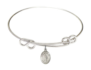 8 1/2 inch Round Double Loop Rhodium Bangle Bracelet with a Sterling Silver Saint Joan of Arc charm. Engraved Catholic Saint Jewelry