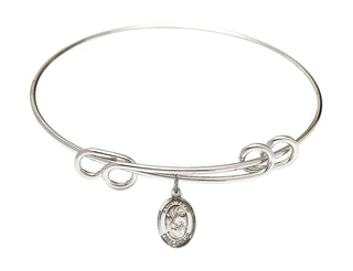 8 1/2 inch Round Double Loop Rhodium Bangle Bracelet with a Sterling Silver Saint Kevin charm. Engraved Catholic Saint Jewelry
