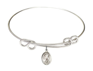 8 1/2 inch Round Double Loop Rhodium Bangle Bracelet with a Sterling Silver Saint Sarah charm. Engraved Catholic Saint Jewelry