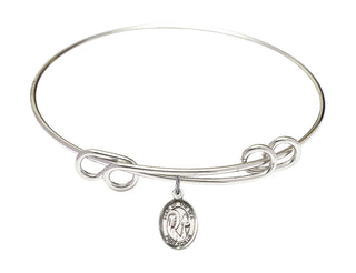 8 1/2 inch Round Double Loop Rhodium Bangle Bracelet with a Sterling Silver Our Lady Star of the Sea charm. Engraved Catholic Saint Jewelry