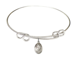 8 1/2 inch Round Double Loop Rhodium Bangle Bracelet with a Sterling Silver Saint Theresa charm. Engraved Catholic Saint Jewelry
