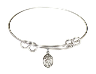 8 1/2 inch Round Double Loop Rhodium Bangle Bracelet with a Sterling Silver Saint Ursula charm. Engraved Catholic Saint Jewelry