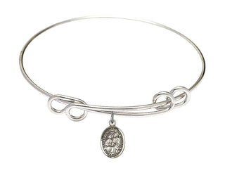 8 1/2 inch Round Double Loop Rhodium Bangle Bracelet with a Sterling Silver Sts. Cosmas & Damian charm. Engraved Catholic Saint Jewelry