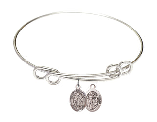 8 1/2 inch Round Double Loop Rhodium Bangle Bracelet with a Sterling Silver Saint Sebastian/Wrestling charm.