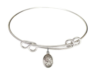 8 1/2 inch Round Double Loop Rhodium Bangle Bracelet with a Sterling Silver Saint Alphonsus charm. Engraved Catholic Saint Jewelry