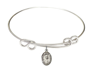 8 1/2 inch Round Double Loop Rhodium Bangle Bracelet with a Sterling Silver Blessed Pier Giorgio Frassati charm. Engraved Catholic Saint Jewelry