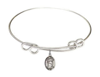 8 1/2 inch Round Double Loop Rhodium Bangle Bracelet with a Sterling Silver Saint Aedan of Ferns charm. Engraved Catholic Saint Jewelry
