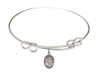 8 1/2 inch Round Double Loop Rhodium Bangle Bracelet with a Sterling Silver Saint Lidwina of Schiedam charm. Engraved Catholic Saint Jewelry