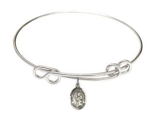 8 1/2 inch Round Double Loop Rhodium Bangle Bracelet with a Sterling Silver Saint Joseph of Arimathea charm. Engraved Catholic Saint Jewelry