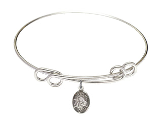 8 1/2 inch Round Double Loop Rhodium Bangle Bracelet with a Sterling Silver Saint Margaret of Cortona charm. Engraved Catholic Saint Jewelry