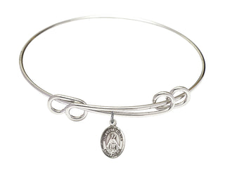 8 1/2 inch Round Double Loop Rhodium Bangle Bracelet with a Sterling Silver Our Lady of Olives charm. Engraved Catholic Saint Jewelry