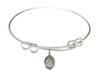 8 1/2 inch Round Double Loop Rhodium Bangle Bracelet with a Sterling Silver Saint Thomas of Villanova charm. Engraved Catholic Saint Jewelry