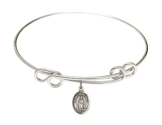 8 1/2 inch Round Double Loop Rhodium Bangle Bracelet with a Sterling Silver Our Lady of Victory charm. Engraved Catholic Saint Jewelry