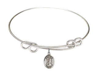 8 1/2 inch Round Double Loop Rhodium Bangle Bracelet with a Sterling Silver Saint Roch charm. Engraved Catholic Saint Jewelry