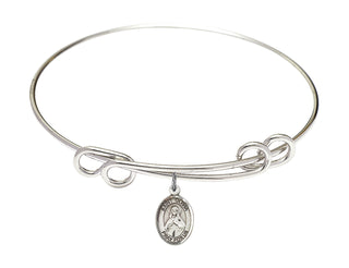 8 1/2 inch Round Double Loop Rhodium Bangle Bracelet with a Sterling Silver Saint Olivia charm. Engraved Catholic Saint Jewelry