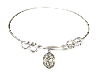 8 1/2 inch Round Double Loop Rhodium Bangle Bracelet with a Sterling Silver Saint Columbanus charm. Engraved Catholic Saint Jewelry