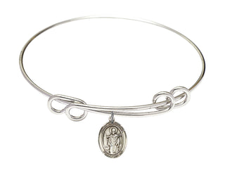 8 1/2 inch Round Double Loop Rhodium Bangle Bracelet with a Sterling Silver Saint Wolfgang charm. Engraved Catholic Saint Jewelry