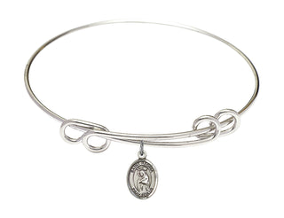 8 1/2 inch Round Double Loop Rhodium Bangle Bracelet with a Sterling Silver Saint Regina charm. Engraved Catholic Saint Jewelry