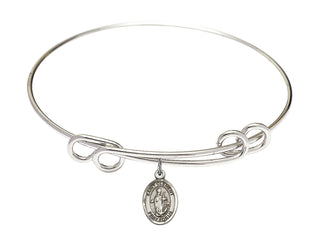 8 1/2 inch Round Double Loop Rhodium Bangle Bracelet with a Sterling Silver Saint Clement charm. Engraved Catholic Saint Jewelry