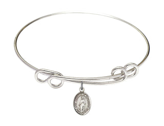 8 1/2 inch Round Double Loop Rhodium Bangle Bracelet with a Sterling Silver Saint Catherine of Alexandria charm. Engraved Catholic Saint Jewelry