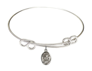 8 1/2 inch Round Double Loop Rhodium Bangle Bracelet with a Sterling Silver Saint Polycarp of Smyrna charm. Engraved Catholic Saint Jewelry