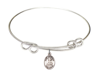 8 1/2 inch Round Double Loop Rhodium Bangle Bracelet with a Sterling Silver Saint Honorius of Amiens charm. Engraved Catholic Saint Jewelry
