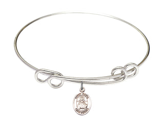 8 1/2 inch Round Double Loop Rhodium Bangle Bracelet with a Sterling Silver Saint Daria charm. Engraved Catholic Saint Jewelry