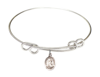 8 1/2 inch Round Double Loop Rhodium Bangle Bracelet with a Sterling Silver Blessed Herman the Cripple charm. Engraved Catholic Saint Jewelry