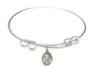 8 1/2 inch Round Double Loop Rhodium Bangle Bracelet with a Sterling Silver Saint Damien of Molokai charm. Engraved Catholic Saint Jewelry